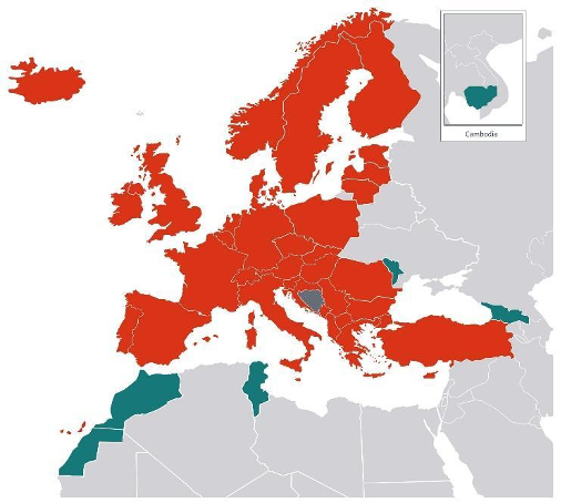 Mappa dei paesi coinvolti nella Convenzione sulla brevettabilità europea (CBE)